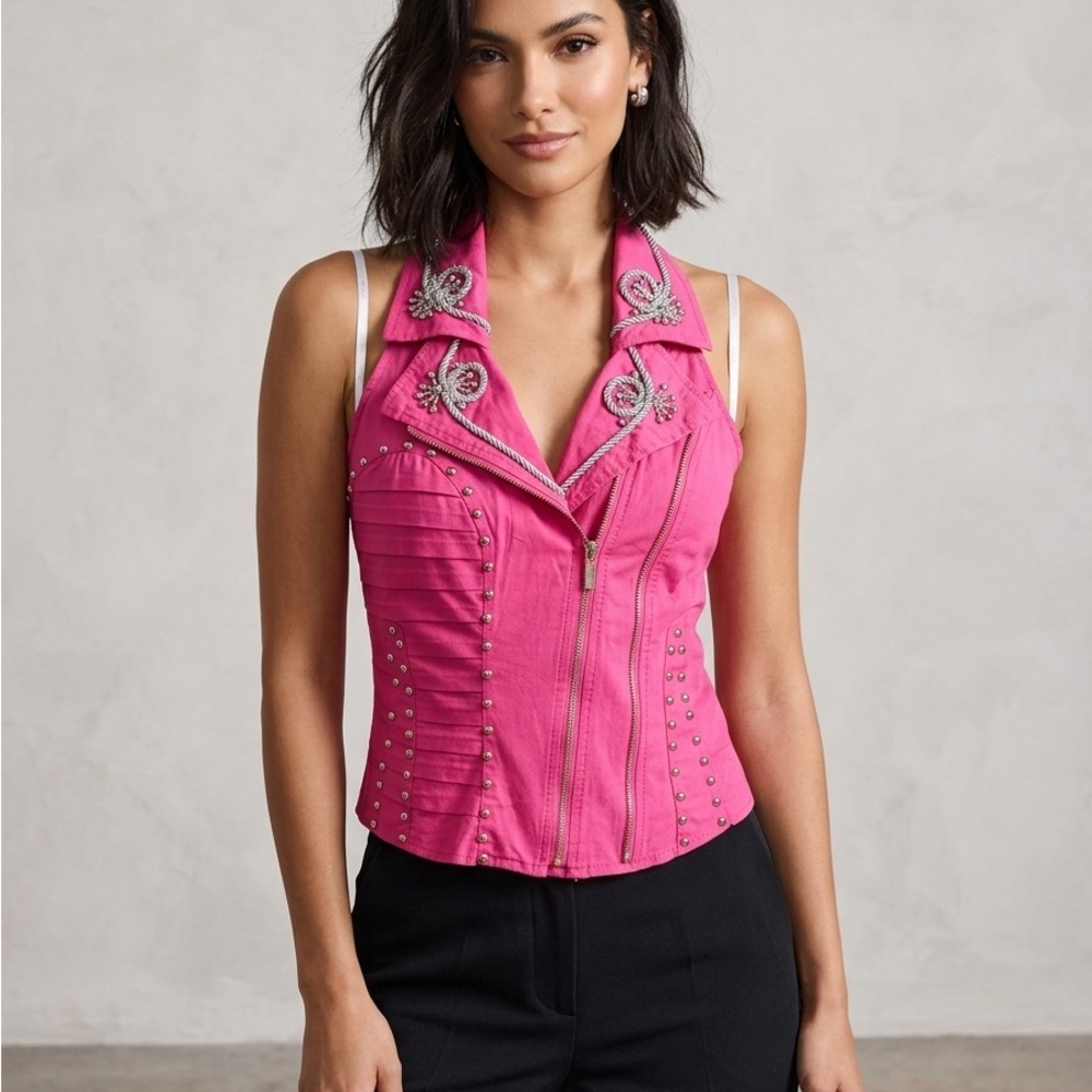 Beaded Zip-Front Hot Pink Sleeveless Camisole